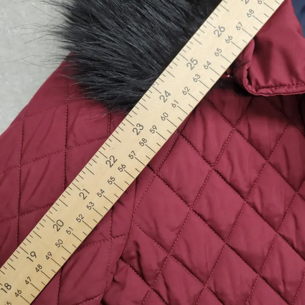 Tommy Hilfiger Womens Quilted Puffer Jacket Faux Fur Hood Burgundy Size S